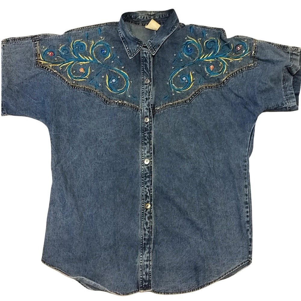 Vintage Embroidered Beaded Denim Shirt Size‎ Medium Blue Western Yoke Usha Rajan